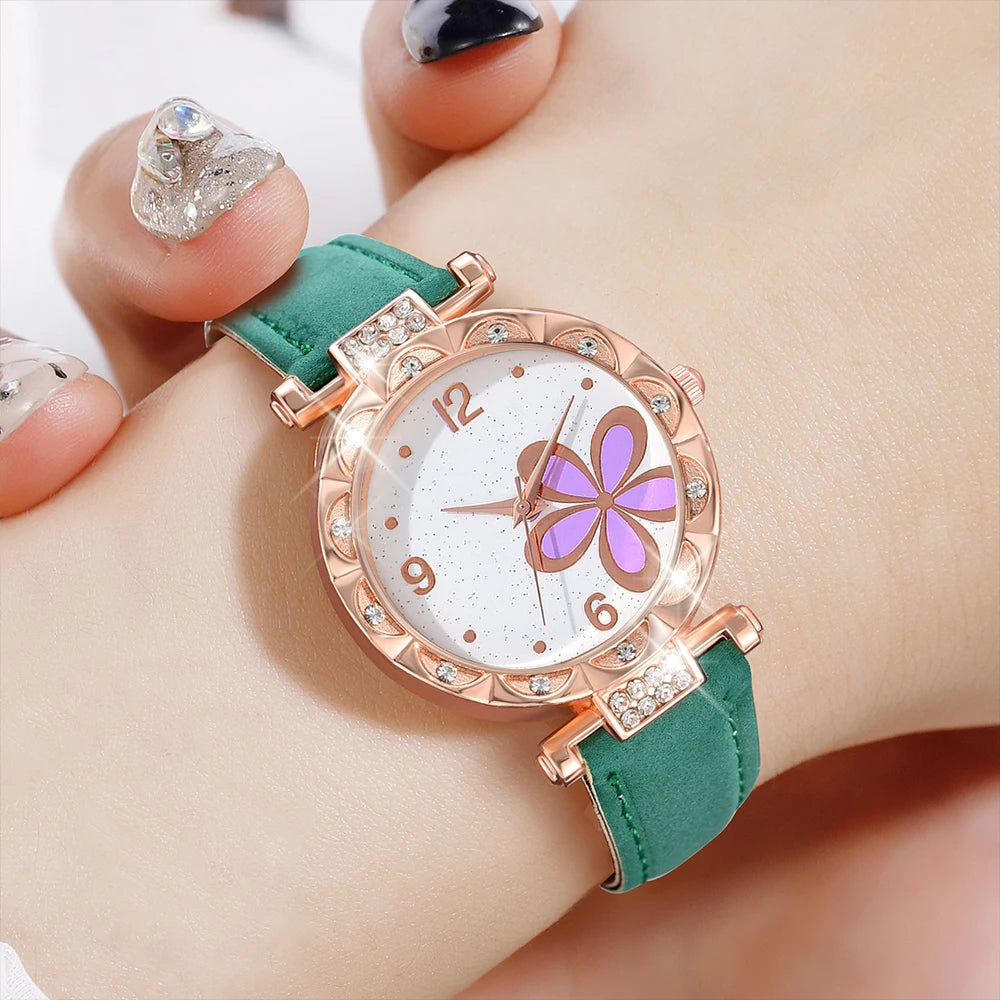 Green Watch 5PCS/Set Pink Flower Dial Quartz Wristwatch Frosted