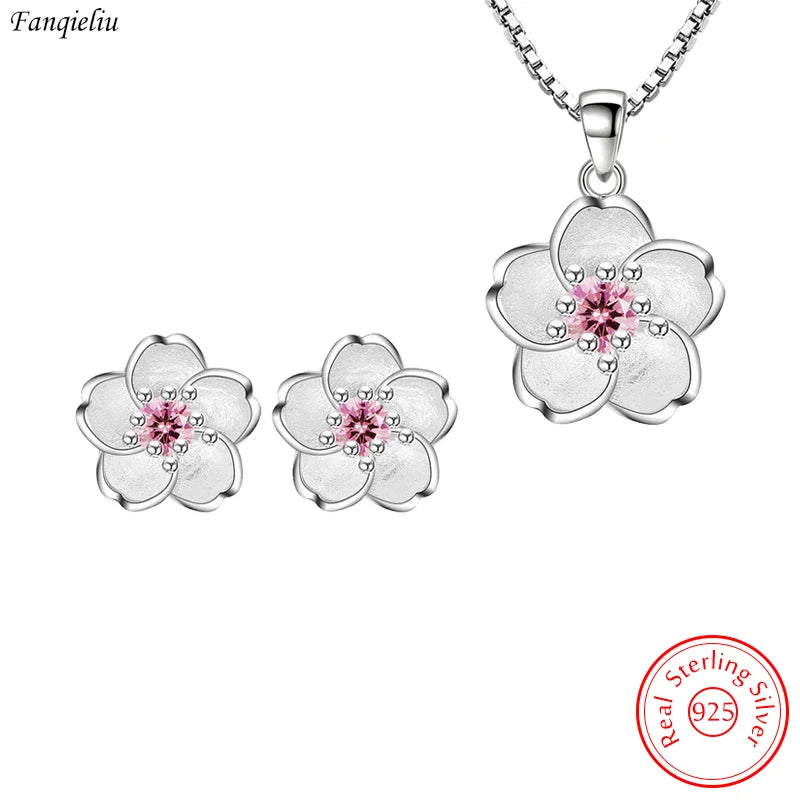 Sterling Silver Crystal Flower Pendant Necklace Stud Earrings Jewelry Sets