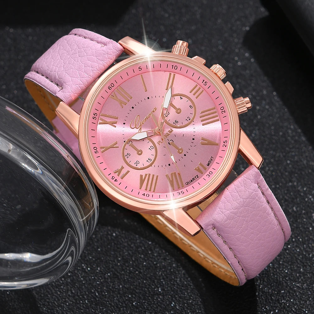 Pink Women 5PCS/Set Watch Roman Numeral Dial Quartz Leather Strap Watch Butterfly Element Jewelry Set