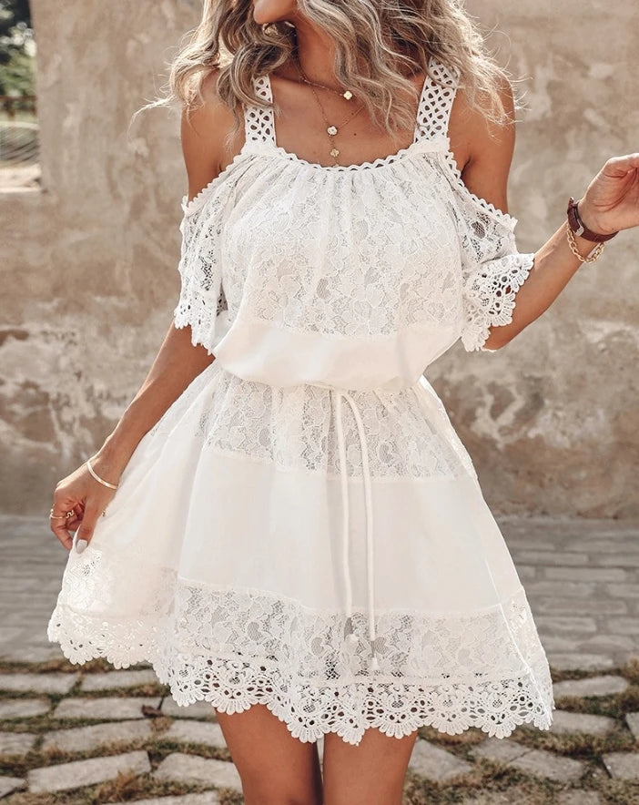 Dress Cold Shoulder Half Sleeve Loose Crochet Embroidery