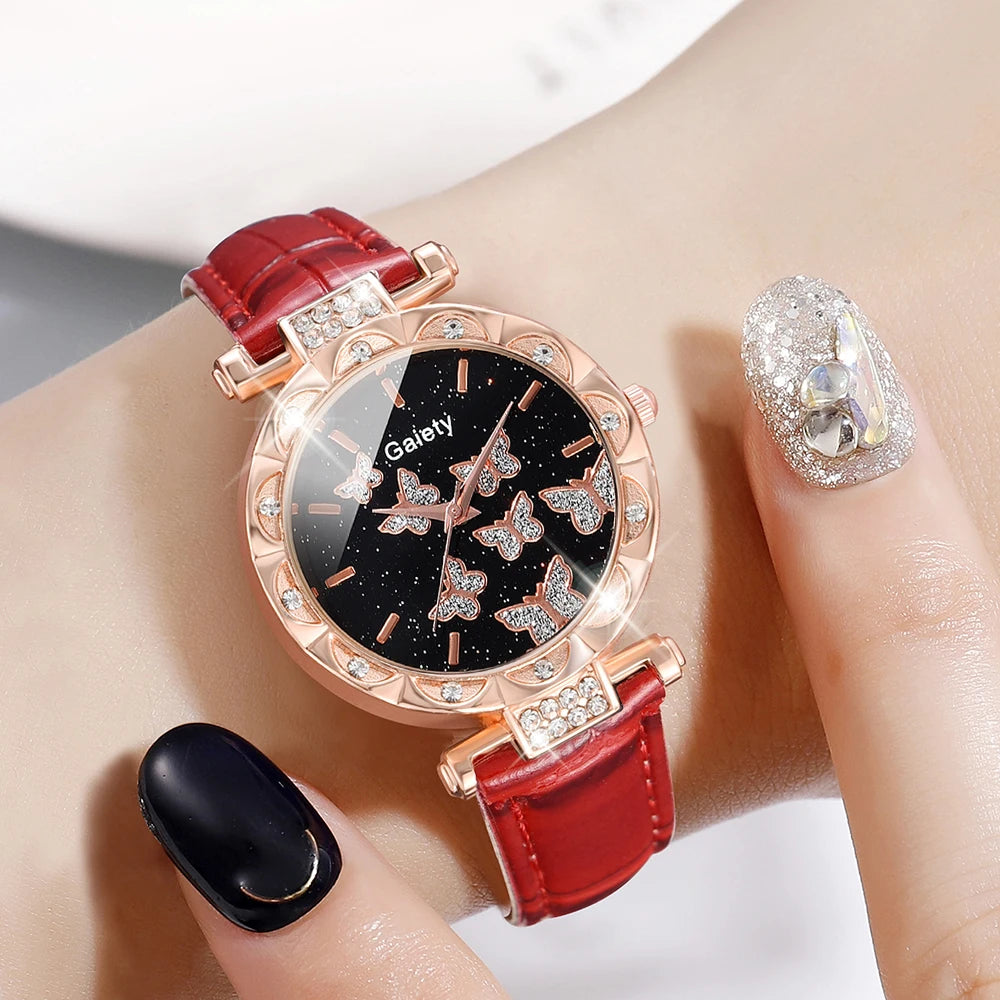 Red kids's Leather Simple Dial Quartz Watch Butterfly Heart Alloy Chain